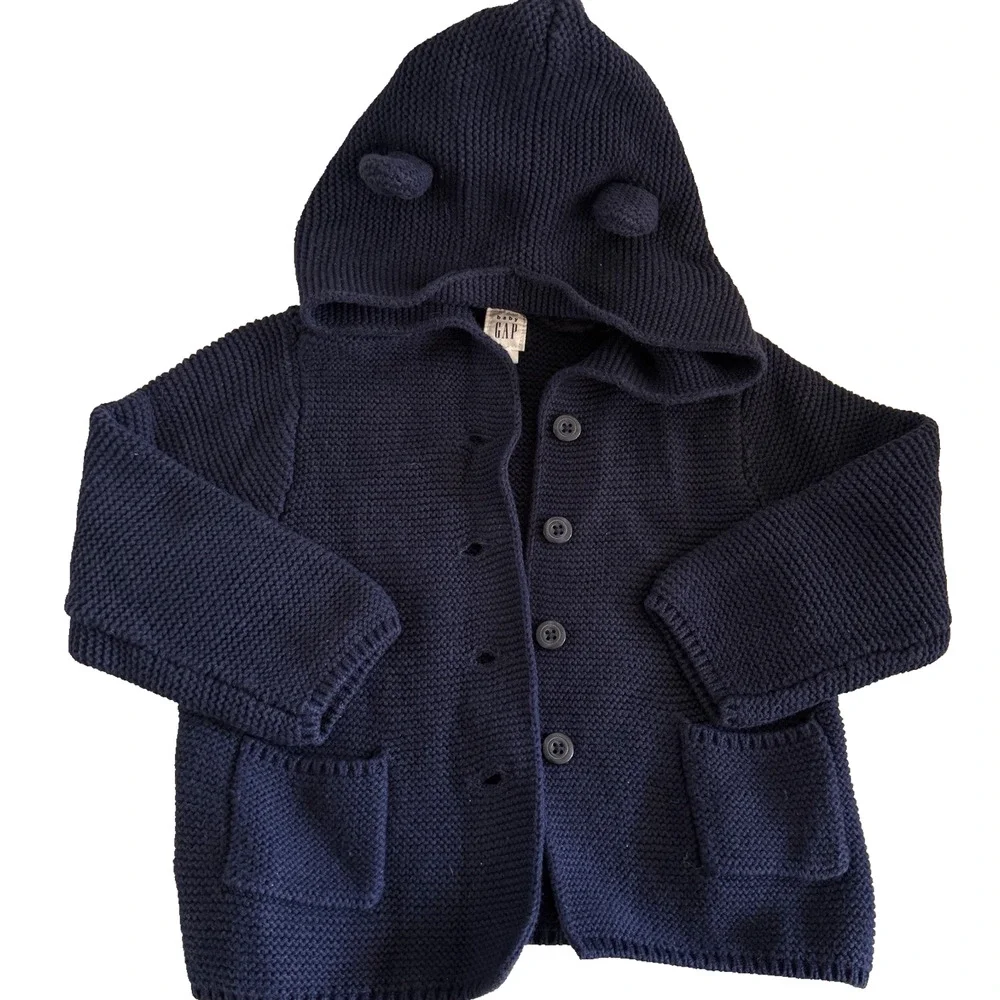 Baby Gap Navy Blue Knit Hoodie‎ Cardigan Sweater with Bear Ears – 18-24 Months